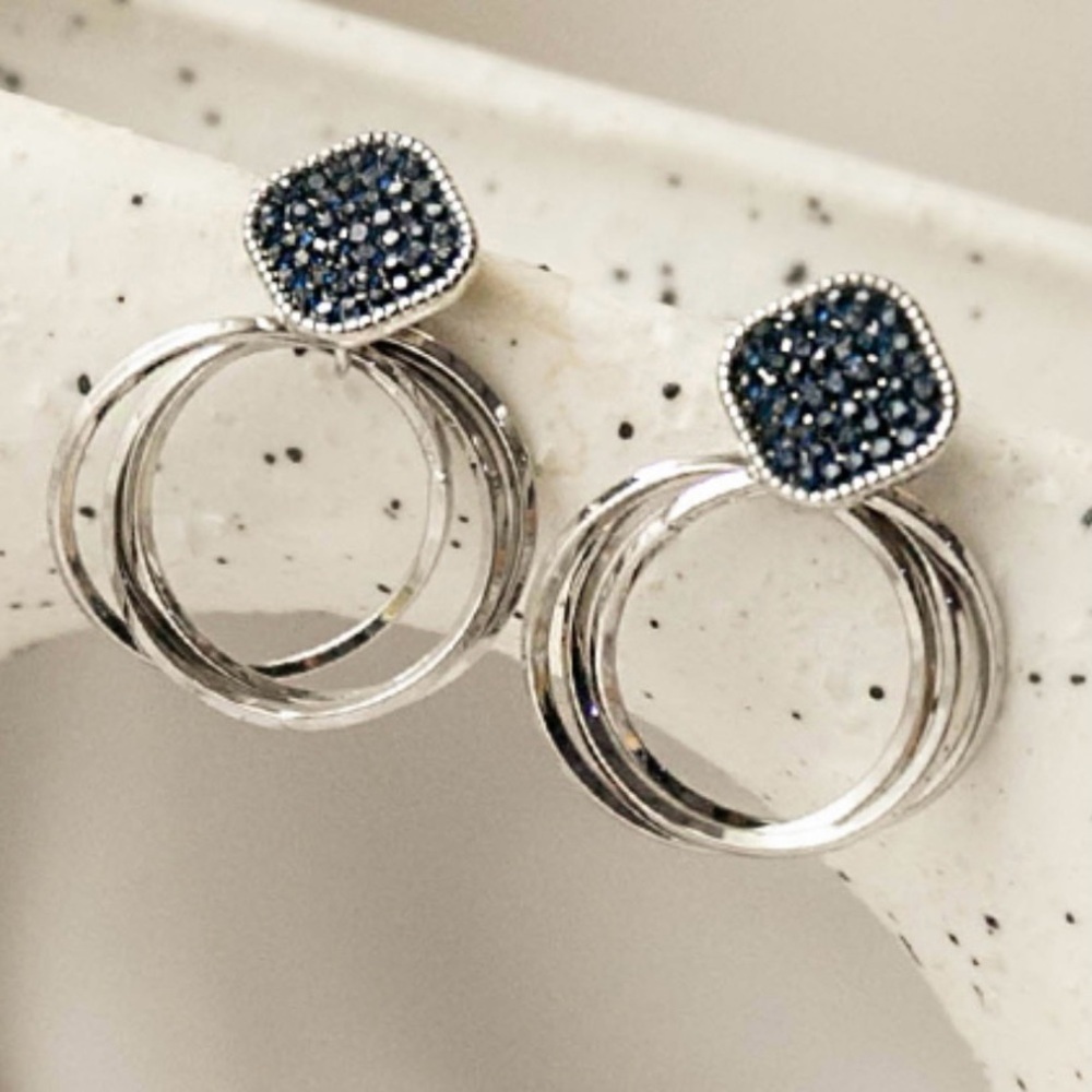 STUNNING Navy Blue Crystal Silver Dangle Hoop Earrings | Statement Jewelry | NWT - Picture 2 of 16